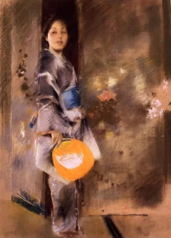 Signora in kimono che tiene in mano un ventaglio giallo